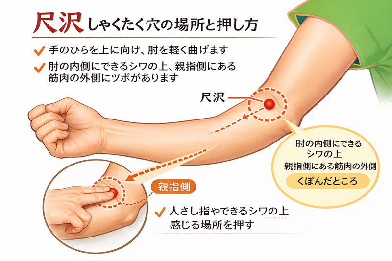 【冬の咳や喉の不調に　呼吸を整えるツボ『尺沢（しゃくたく）』】